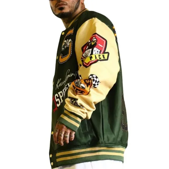 Reason x Dodge Scatpack Varsity Jacket Men Large Green Khaki Letterman Bomber - Picture 11 of 15